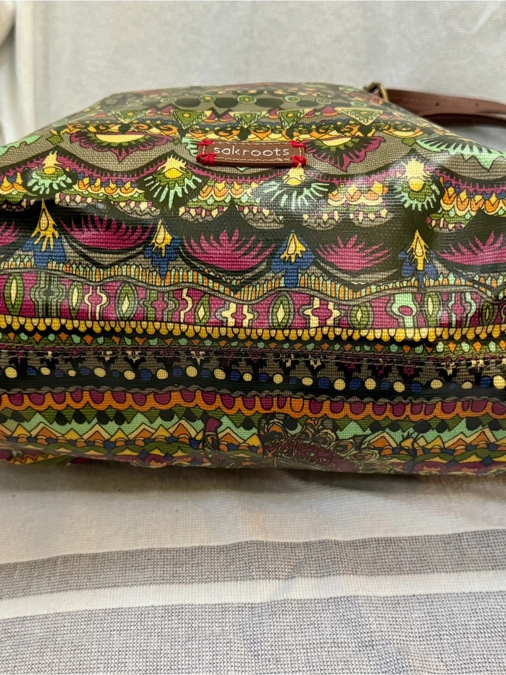 Sakroots Vibrant Multicolor Tribal-Print Tote with Brown Handles